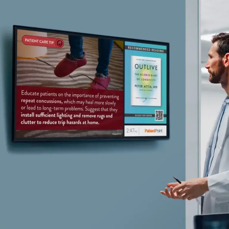 Staff screen displays patient care tips on reducing fall risks.