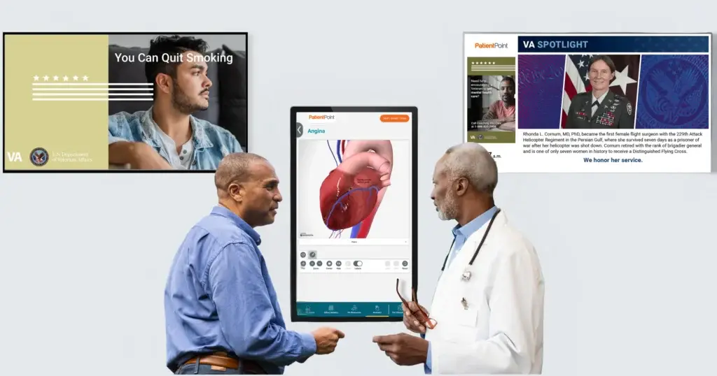Doctor and veteran reviewing a heart diagram on a digital exam screen, patient in solid blue shirt.