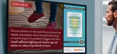 Staff screen displays patient care tips on reducing fall risks.